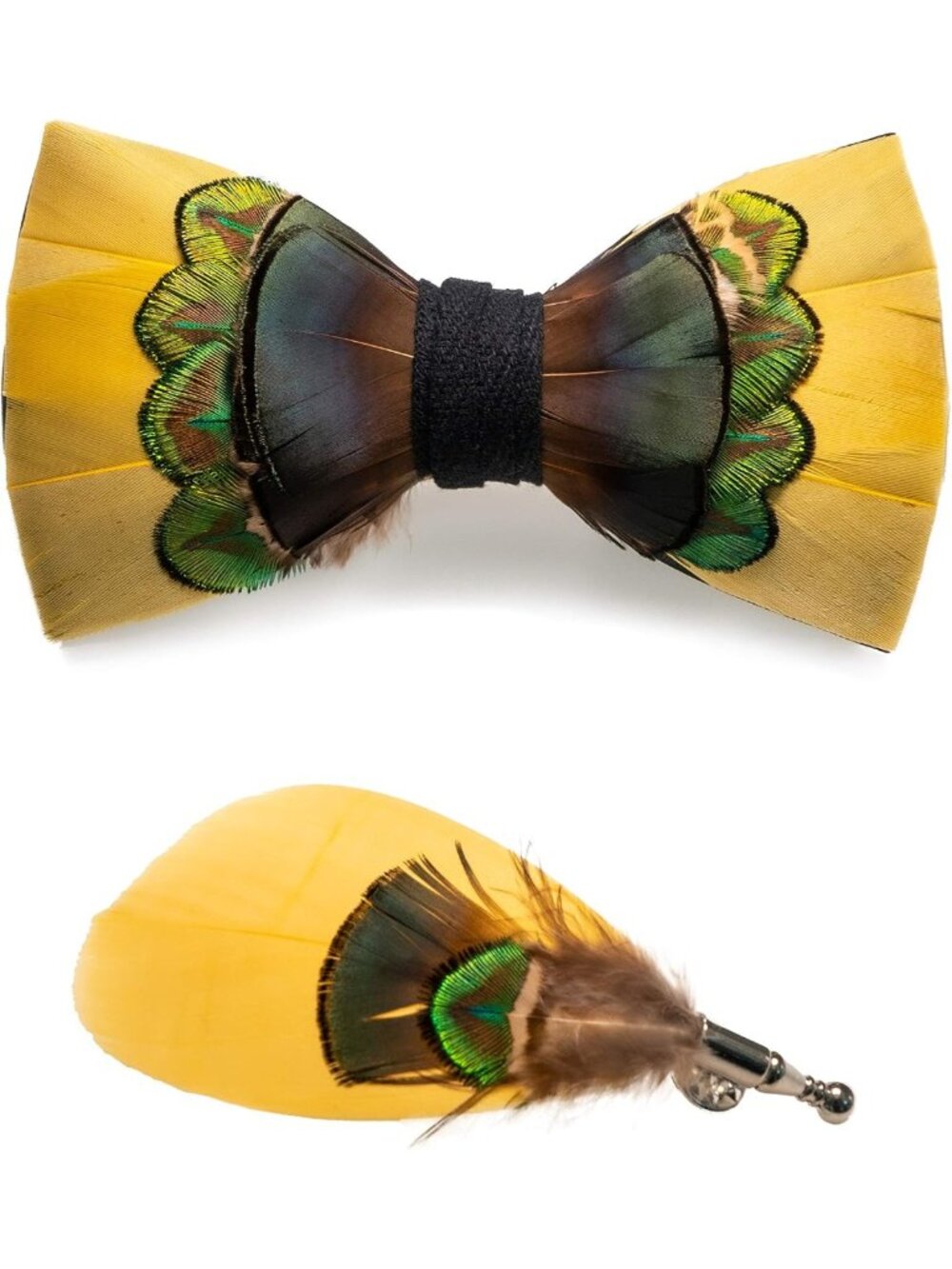 Stylish Handmade Feather Bow Tie & Brooch Set for Men - Perfect for Weddings